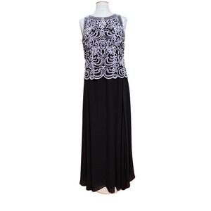 J Kara Black Formal Gown White Beaded Bodice Sleeveless Floor Length Scarf Sz 14